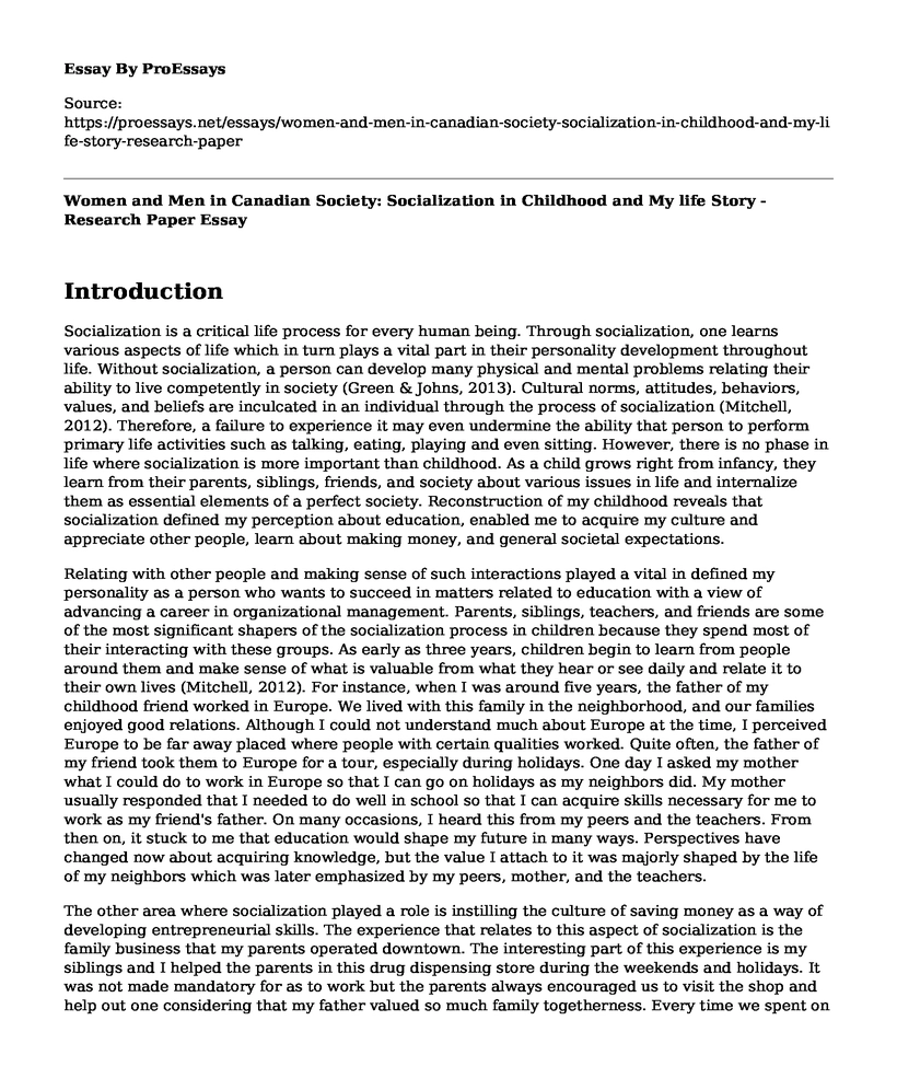 Women and Men in Canadian Society: Socialization in Childhood and My life Story - Research Paper 