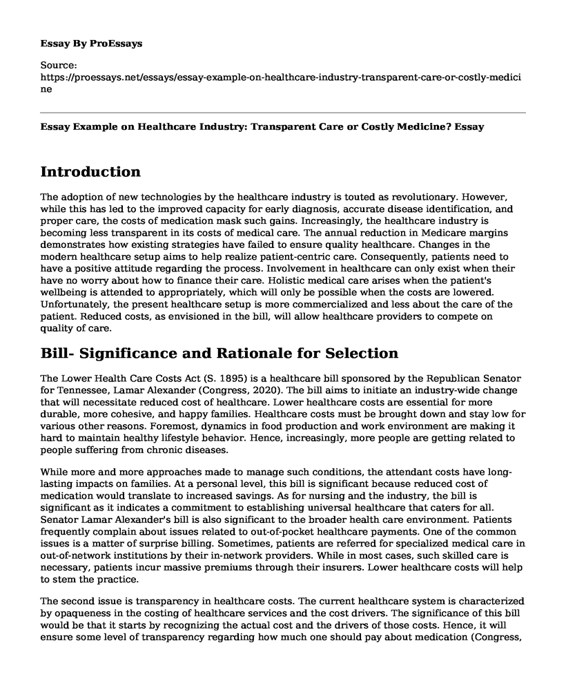 Essay Example on Healthcare Industry: Transparent Care or Costly Medicine?