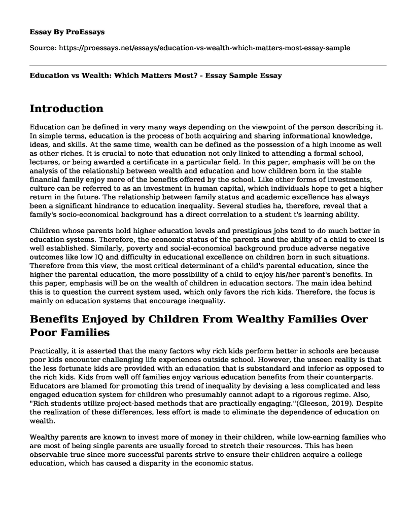 Education vs Wealth: Which Matters Most? - Essay Sample