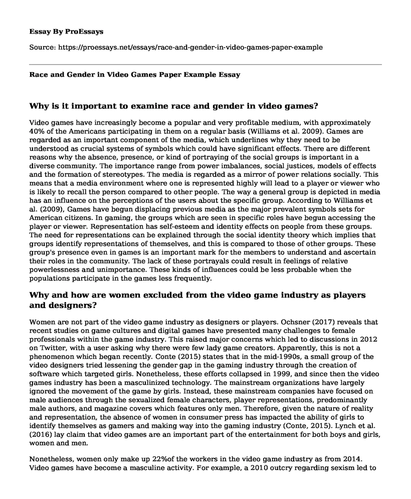Race and Gender in Video Games Paper Example