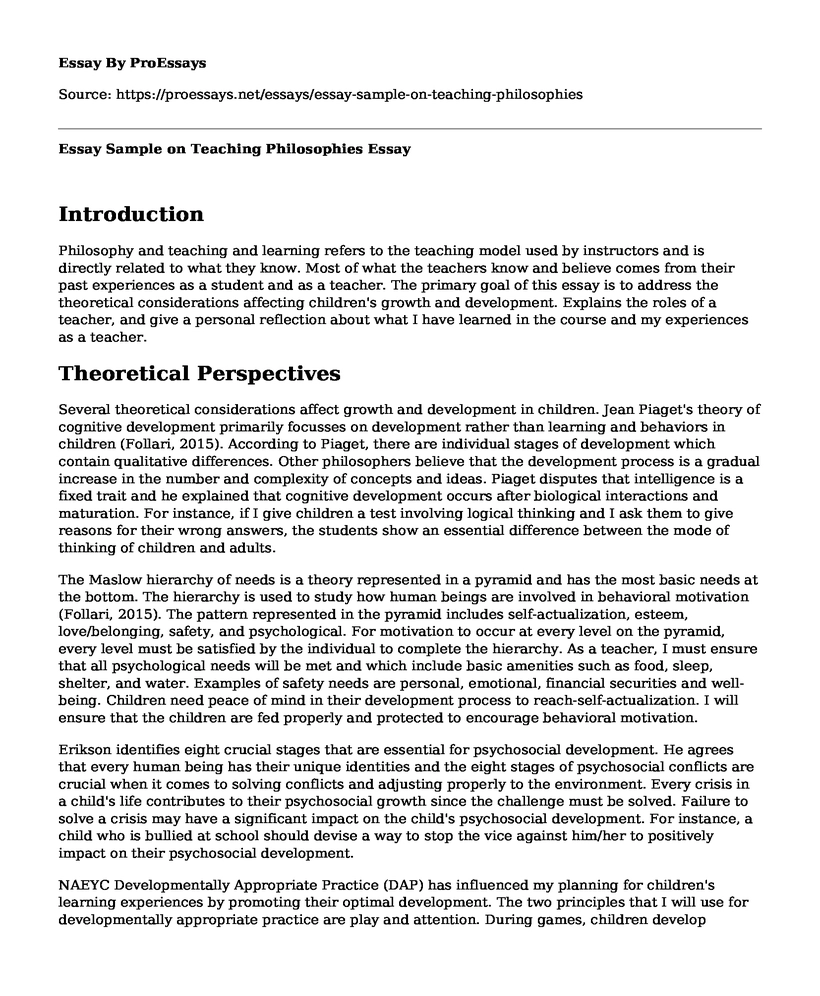 Essay Sample on Teaching Philosophies
