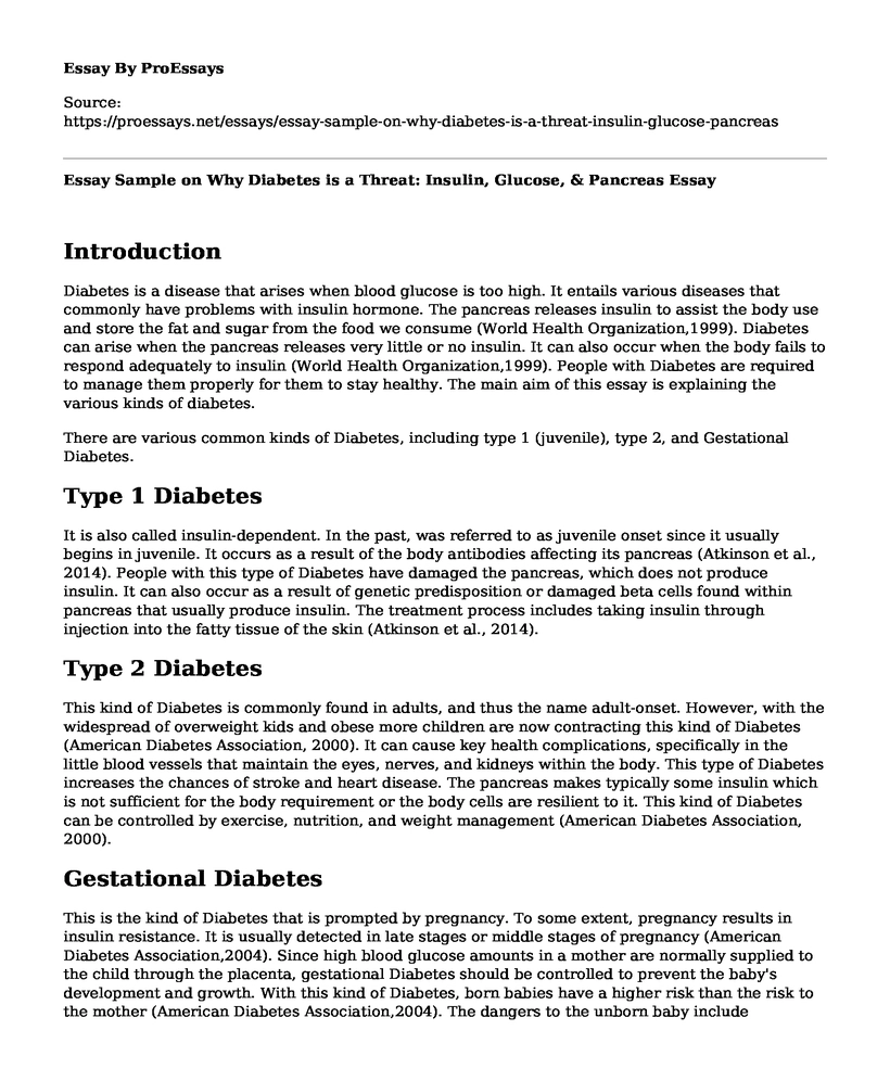 Essay Sample on Why Diabetes is a Threat: Insulin, Glucose, & Pancreas