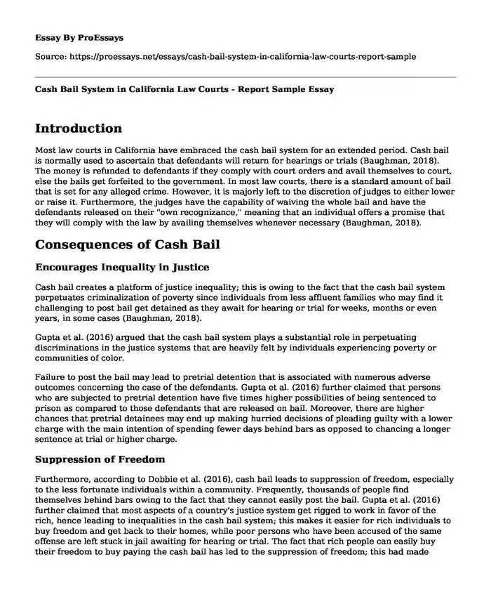 Cash Bail System in California Law Courts - Report Sample
