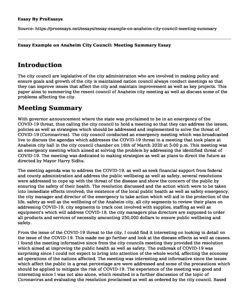 Essay Example on Anaheim City Council: Meeting Summary