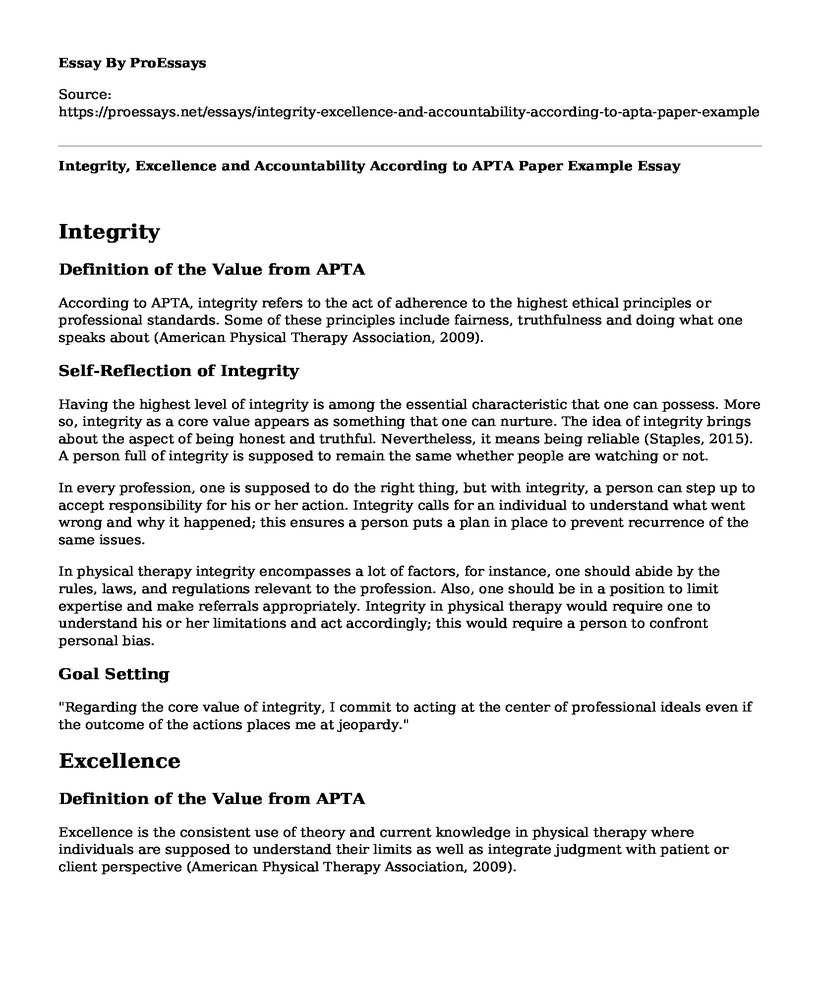 Integrity, Excellence and Accountability According to APTA Paper Example