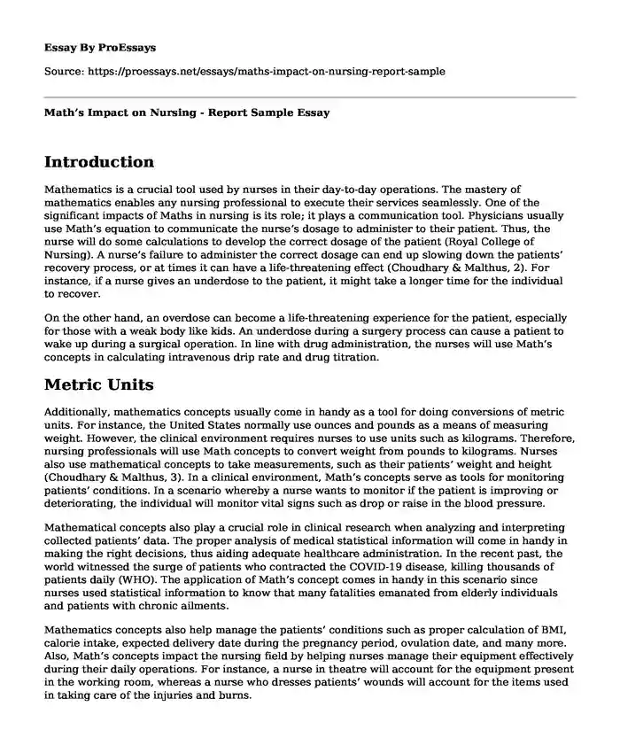Math's Impact on Nursing - Report Sample