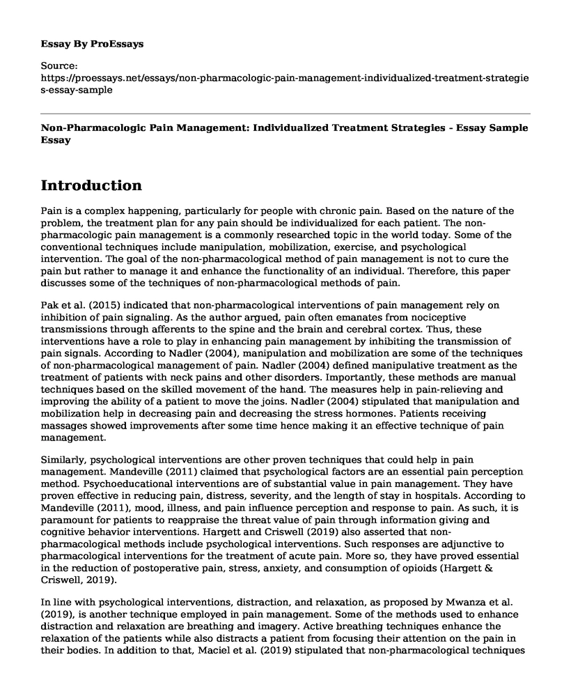Non-Pharmacologic Pain Management: Individualized Treatment Strategies - Essay Sample