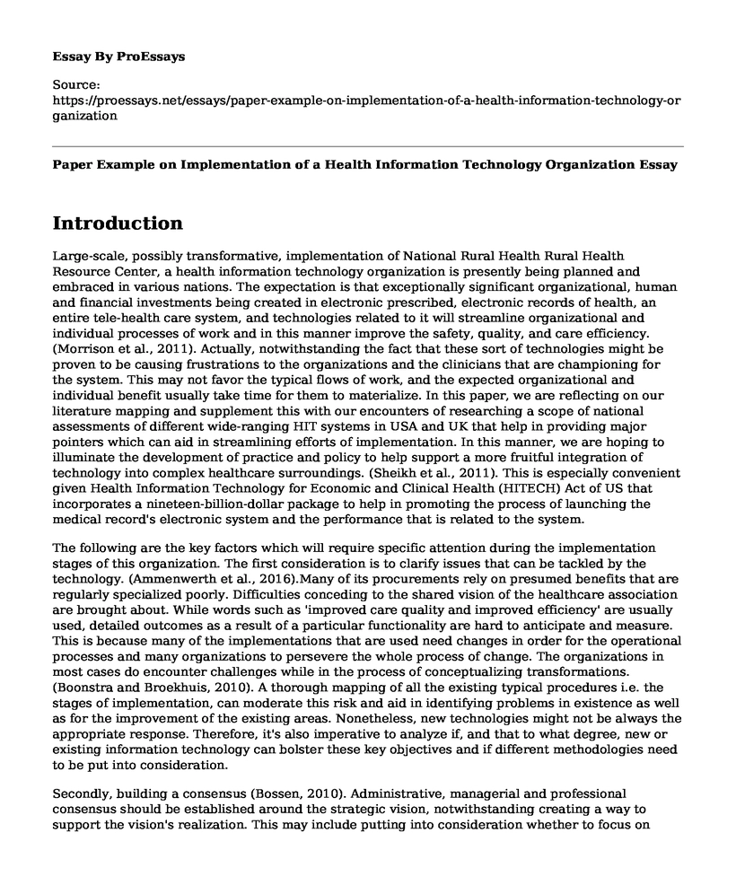 Paper Example on Implementation of a Health Information Technology Organization