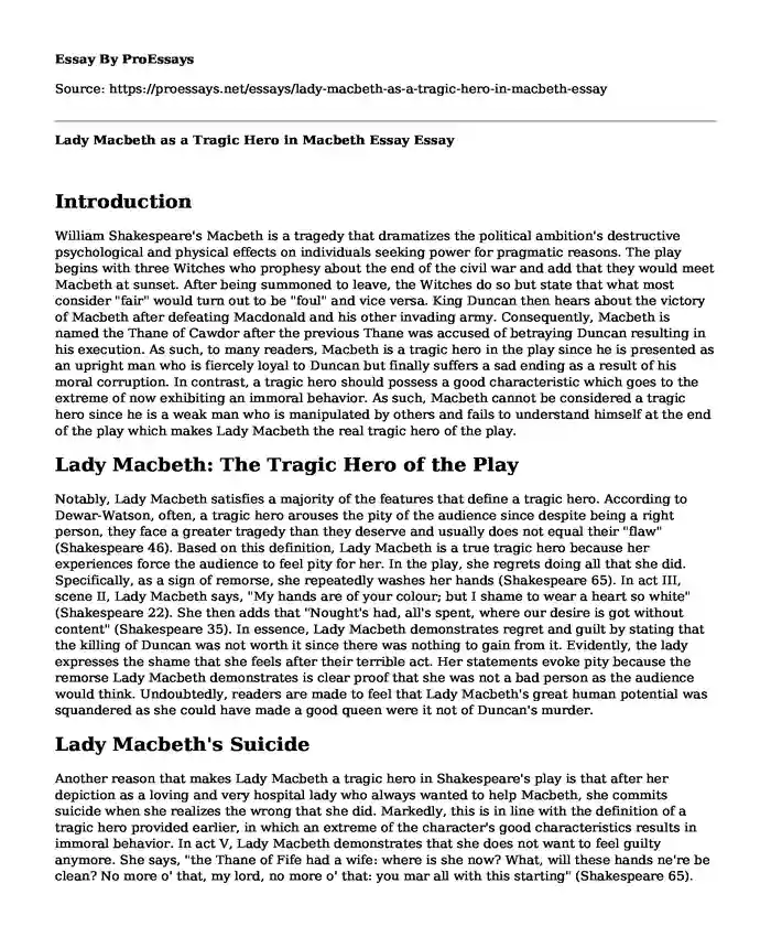 Lady Macbeth as a Tragic Hero in Macbeth Essay