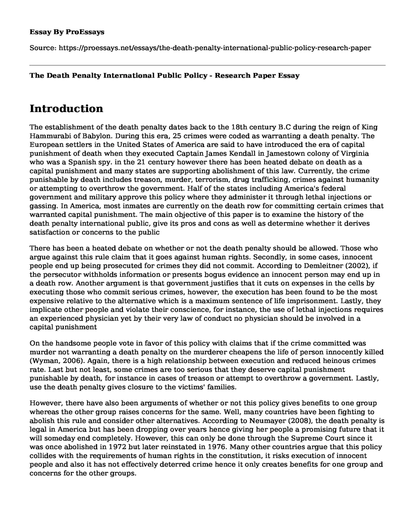 The Death Penalty International Public Policy - Research Paper