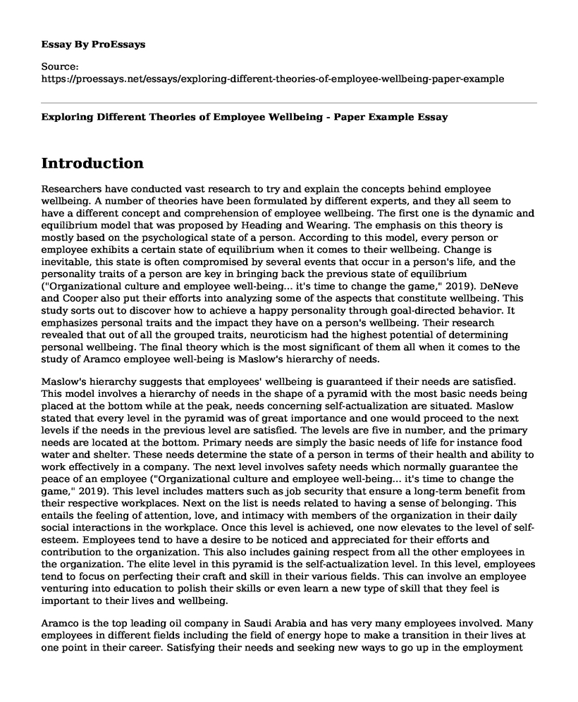 Exploring Different Theories of Employee Wellbeing - Paper Example