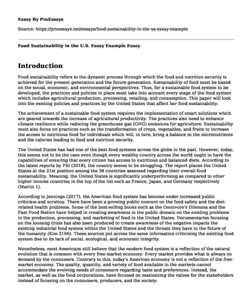 Food Sustainability in the U.S. Essay Example