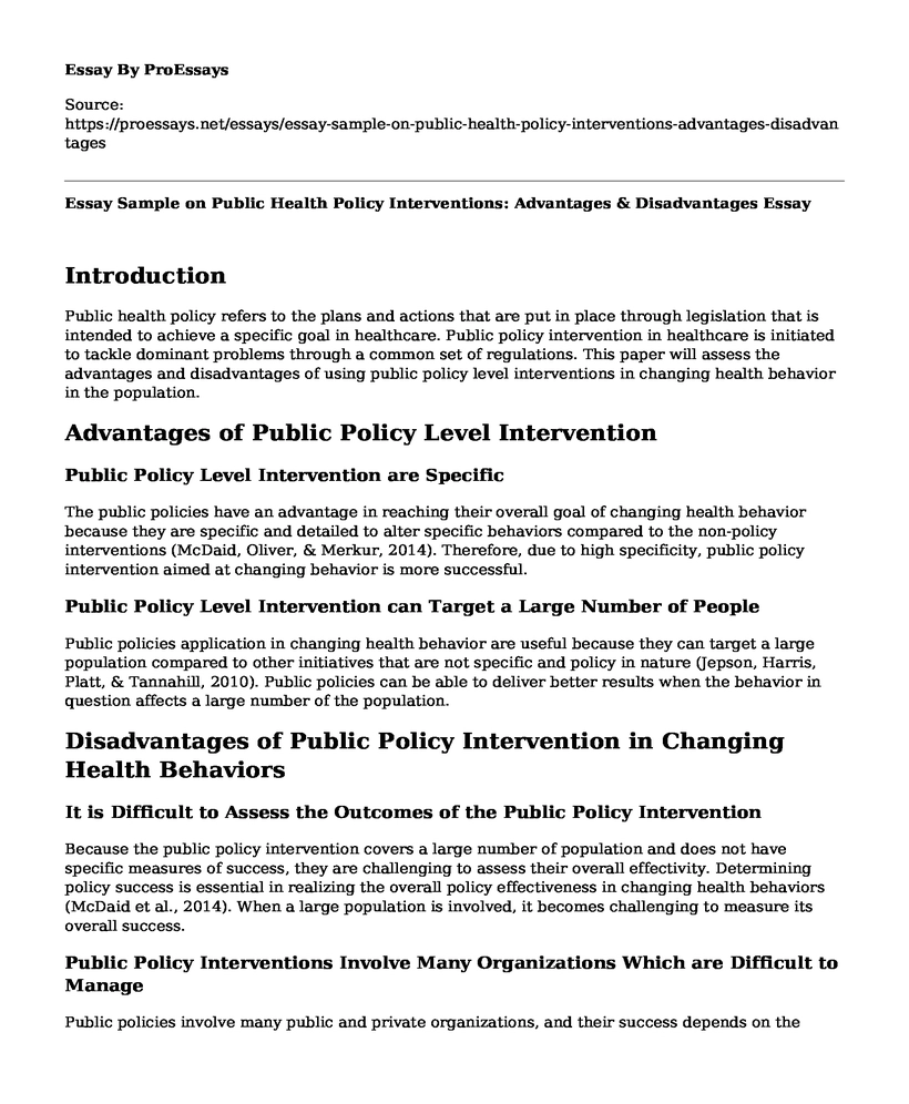 Essay Sample on Public Health Policy Interventions: Advantages & Disadvantages