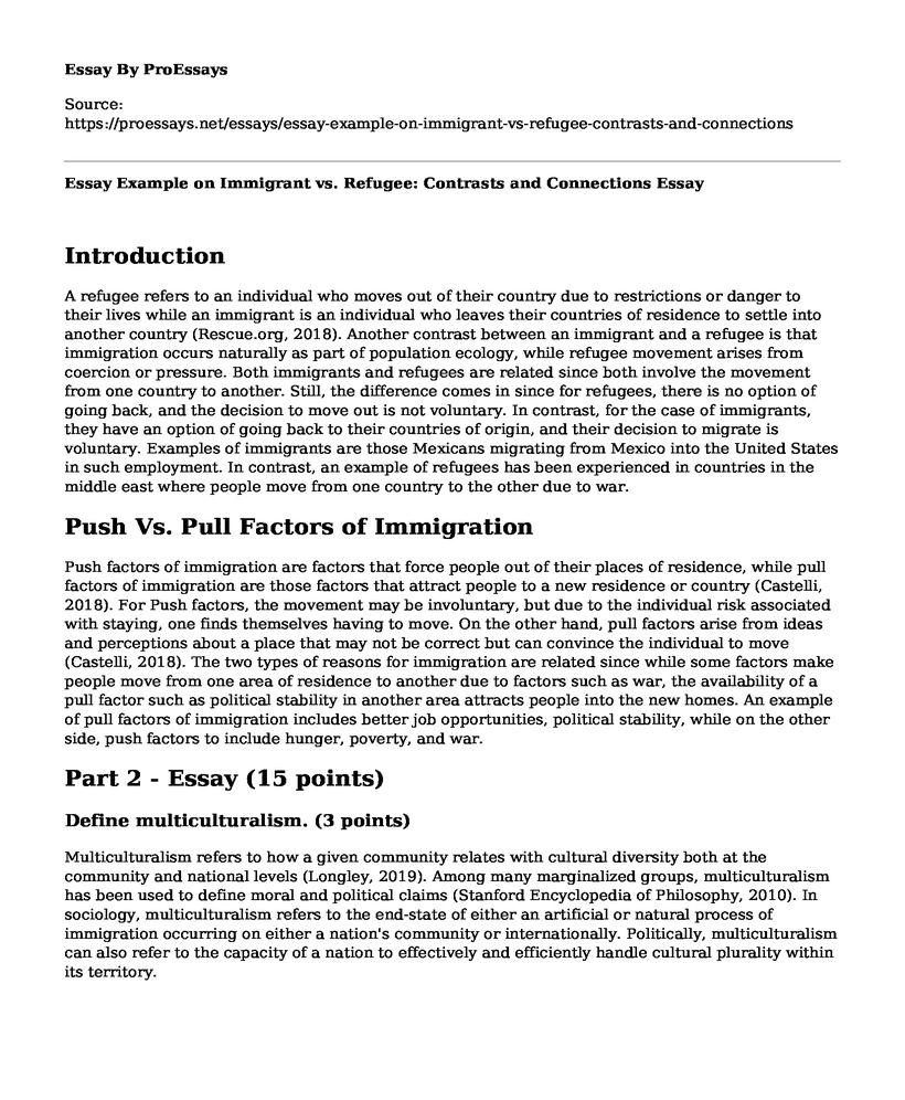 Essay Example on Immigrant vs. Refugee: Contrasts and Connections