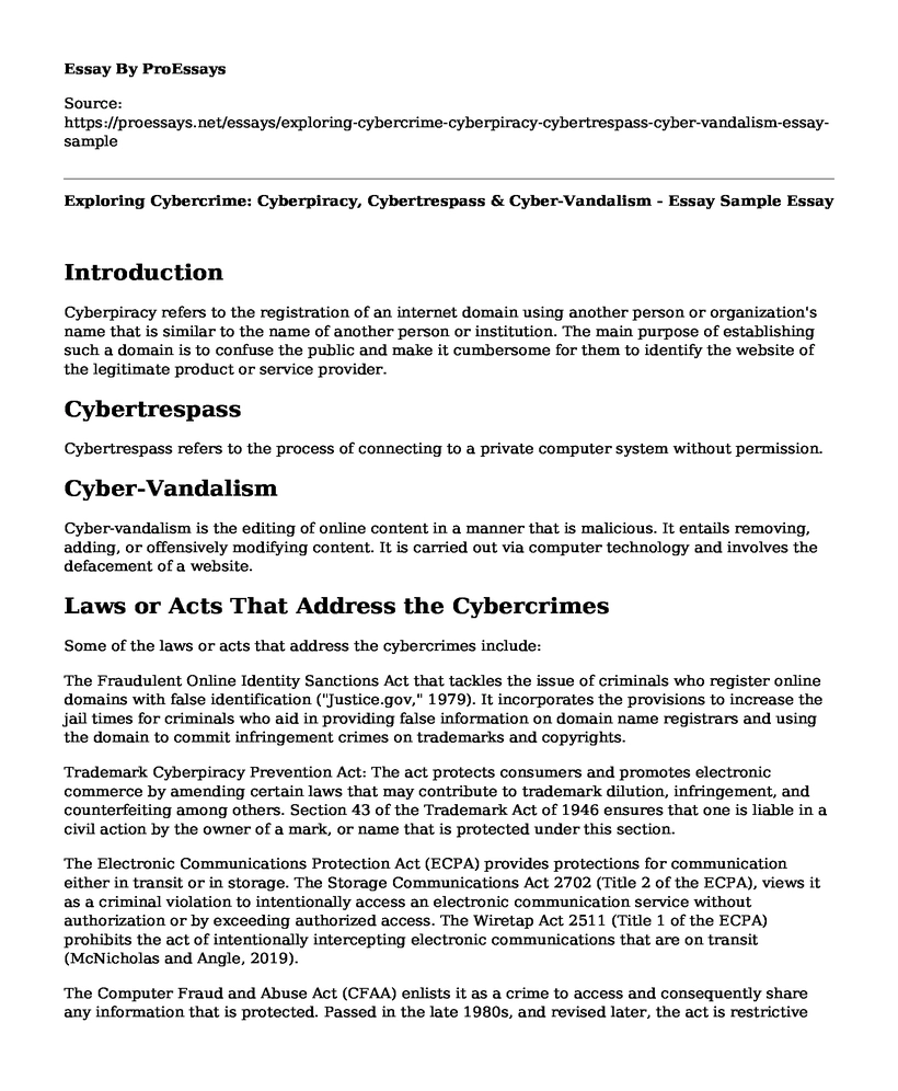 Exploring Cybercrime: Cyberpiracy, Cybertrespass & Cyber-Vandalism - Essay Sample