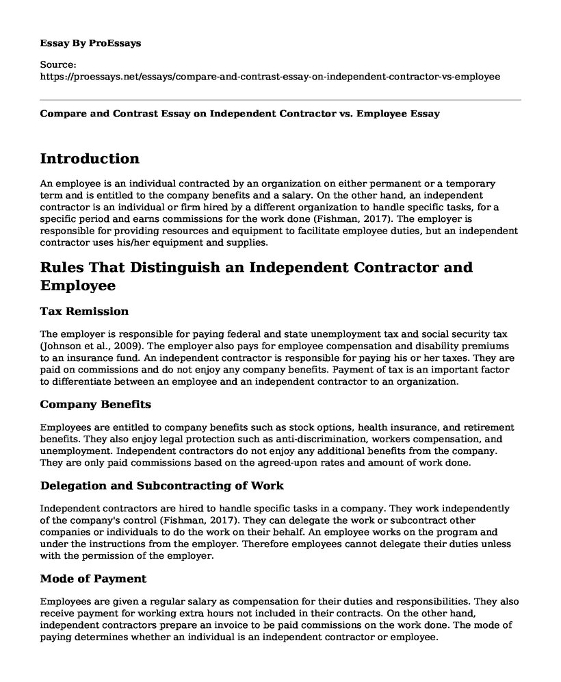 Compare and Contrast Essay on Independent Contractor vs. Employee