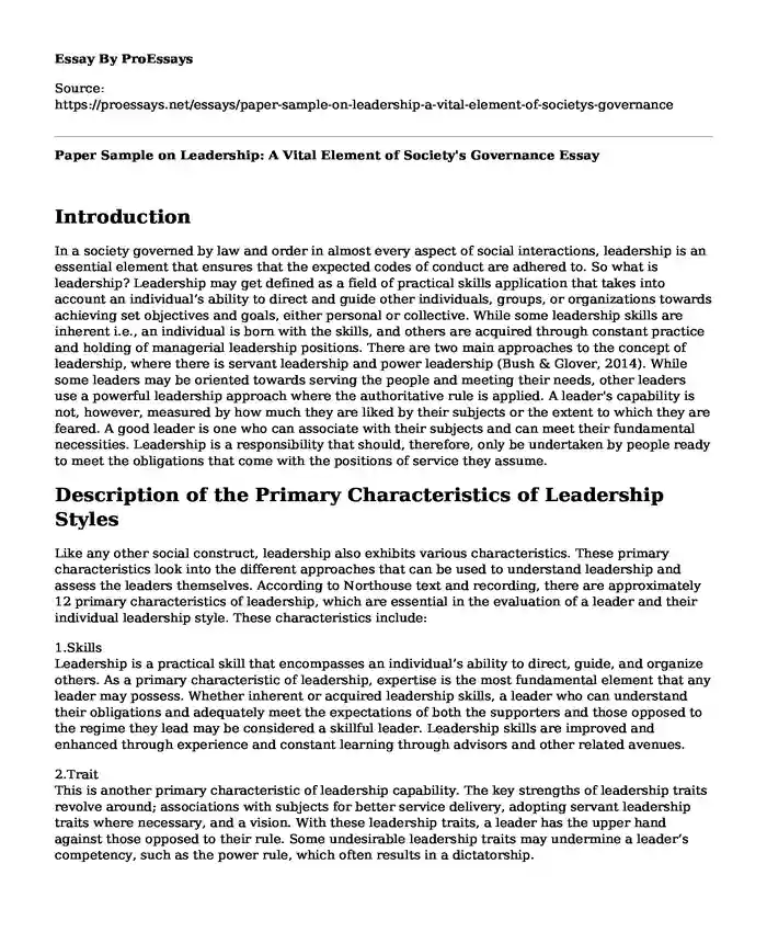 Paper Sample on Leadership: A Vital Element of Society's Governance