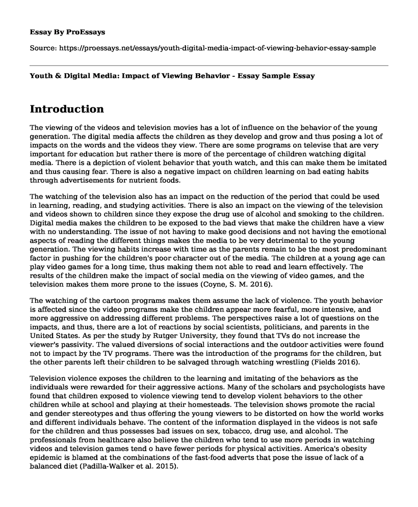 Youth & Digital Media: Impact of Viewing Behavior - Essay Sample
