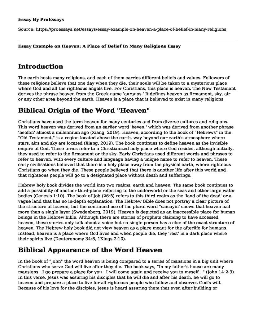 Essay Example on Heaven: A Place of Belief In Many Religions