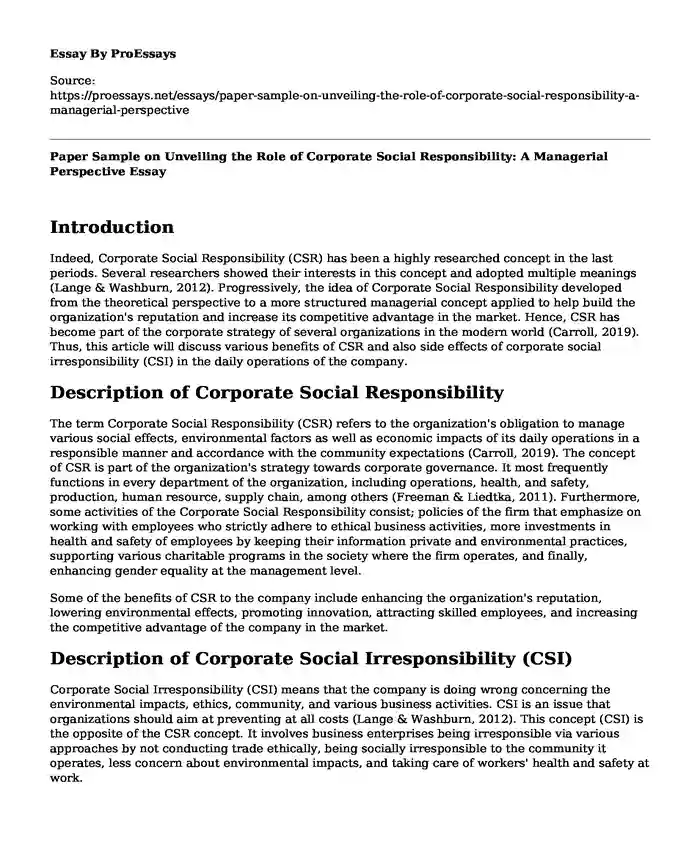 Paper Sample on Unveiling the Role of Corporate Social Responsibility: A Managerial Perspective