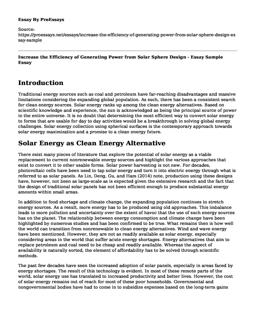Increase the Efficiency of Generating Power from Solar Sphere Design - Essay Sample