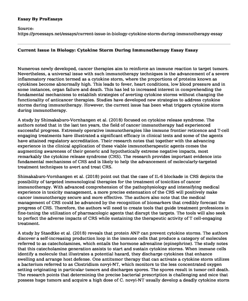 Current Issue in Biology: Cytokine Storm During Immunotherapy Essay