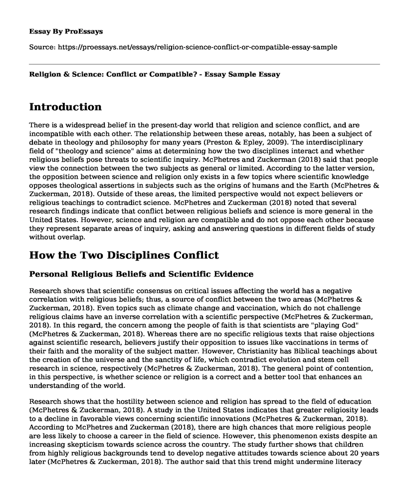 Religion & Science: Conflict or Compatible? - Essay Sample