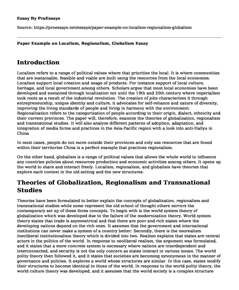 Paper Example on Localism, Regionalism, Globalism