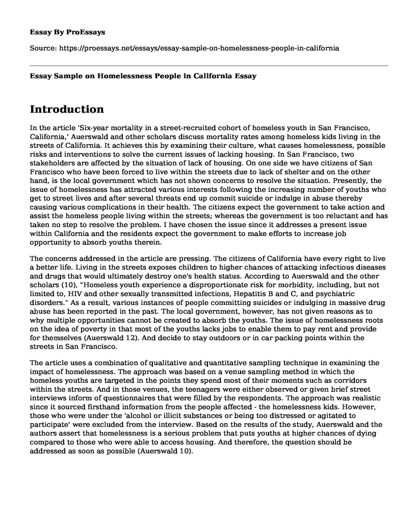 Essay Sample on Homelessness People in California