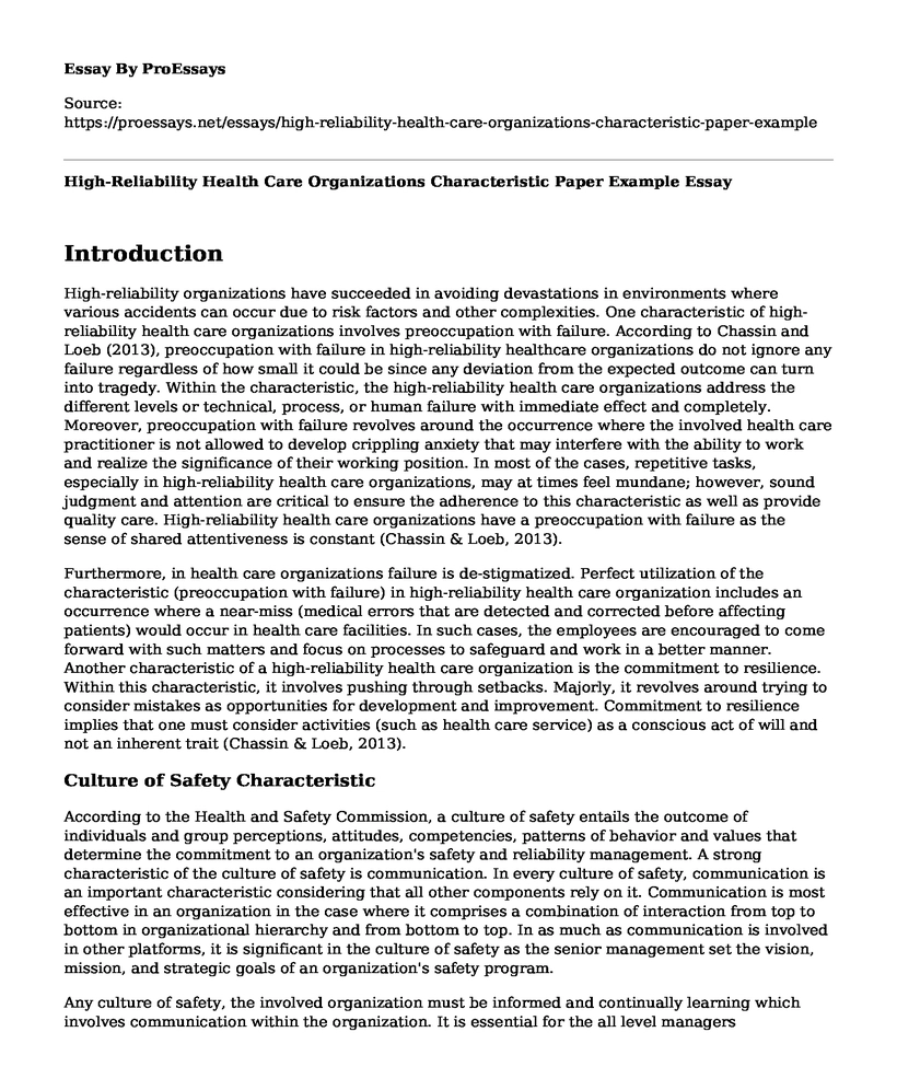 High-Reliability Health Care Organizations Characteristic Paper Example