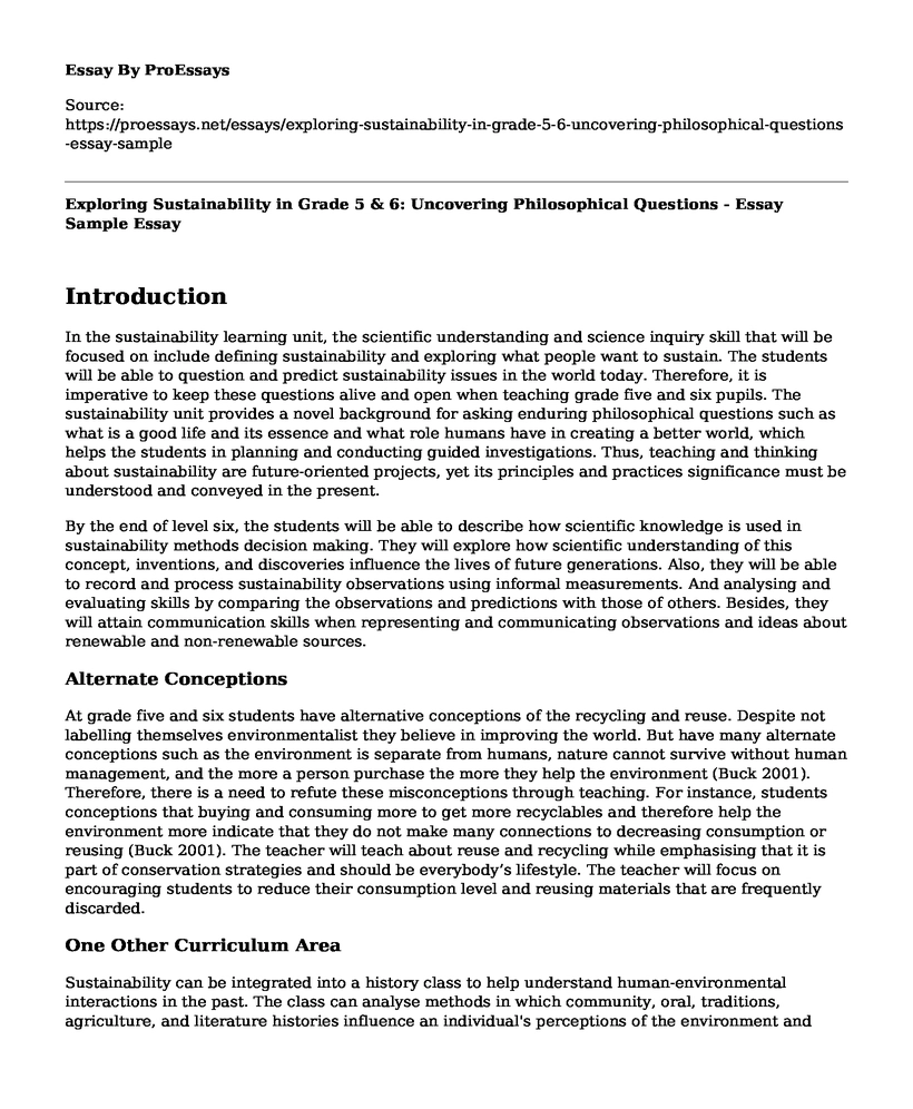 Exploring Sustainability in Grade 5 & 6: Uncovering Philosophical Questions - Essay Sample