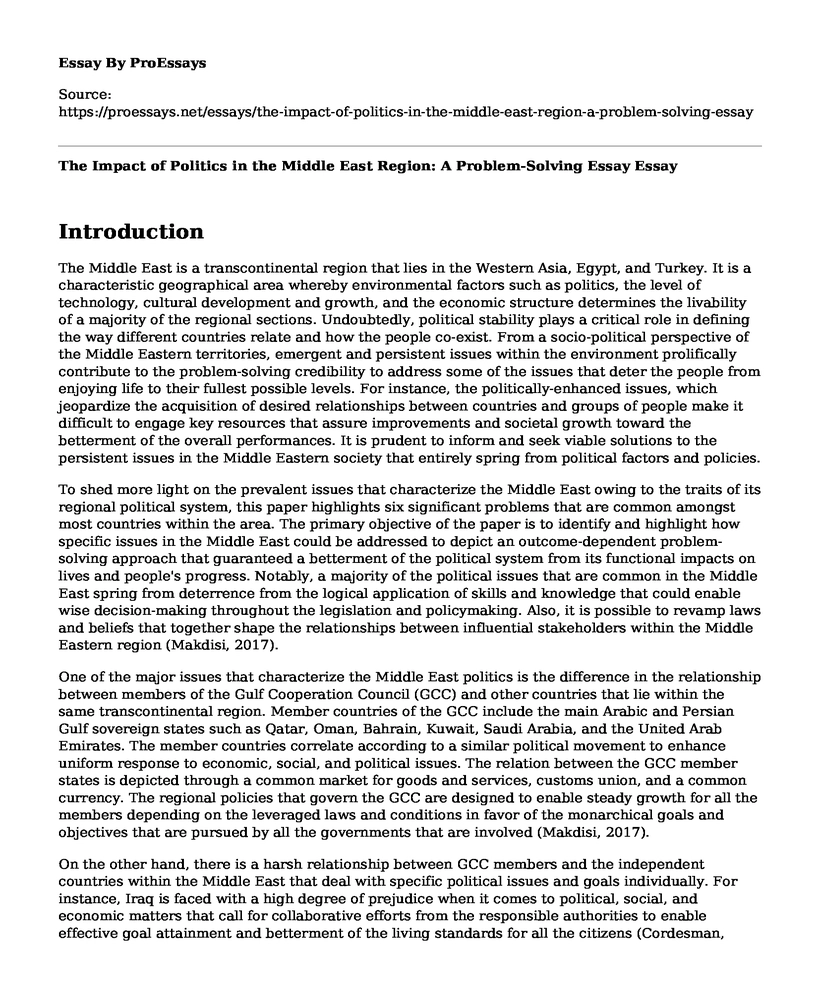 The Impact of Politics in the Middle East Region: A Problem-Solving Essay