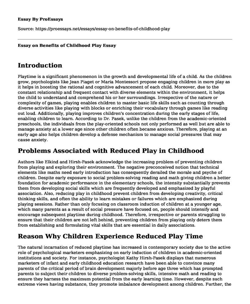 Essay on Benefits of Childhood Play