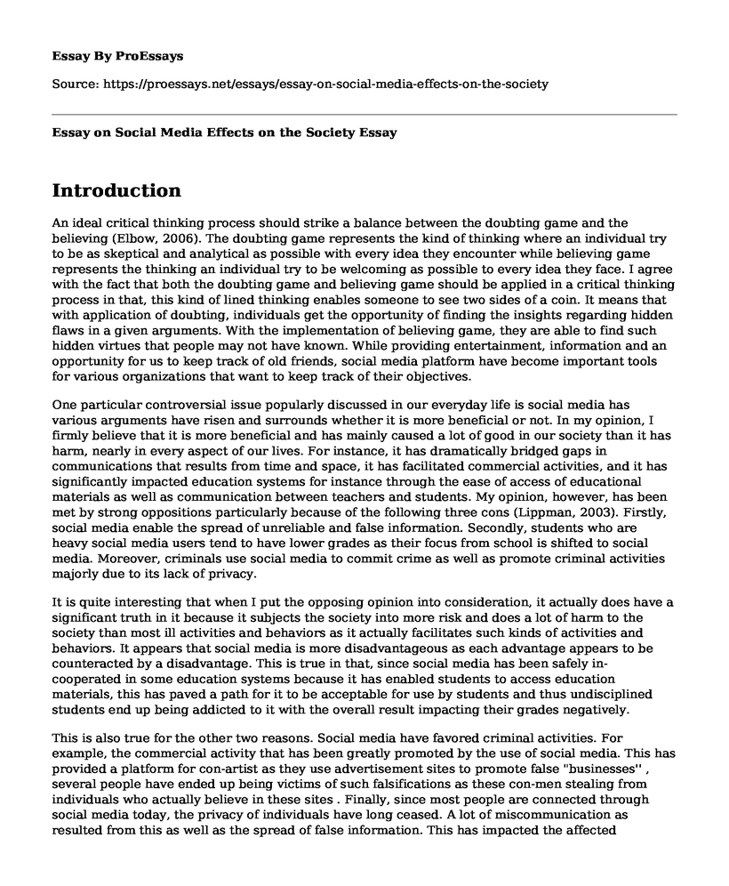 Essay on Social Media Effects on the Society