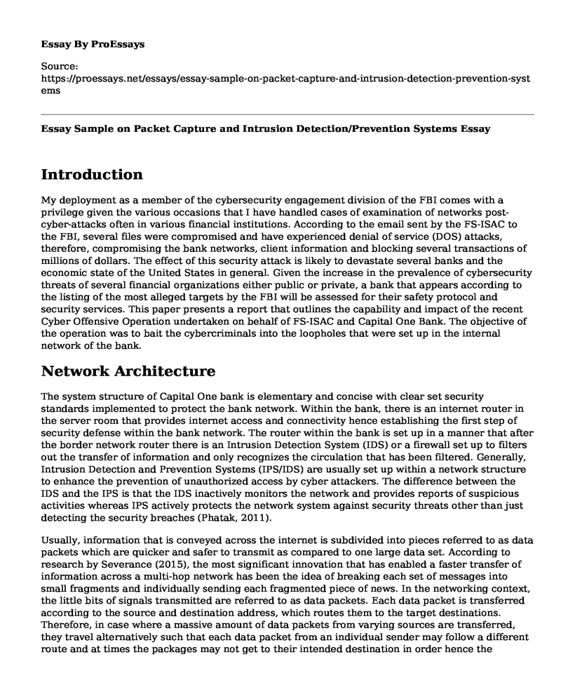 Essay Sample on Packet Capture and Intrusion Detection/Prevention Systems