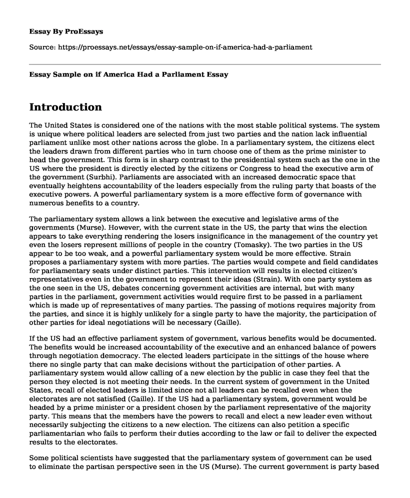 Essay Sample on if America Had a Parliament