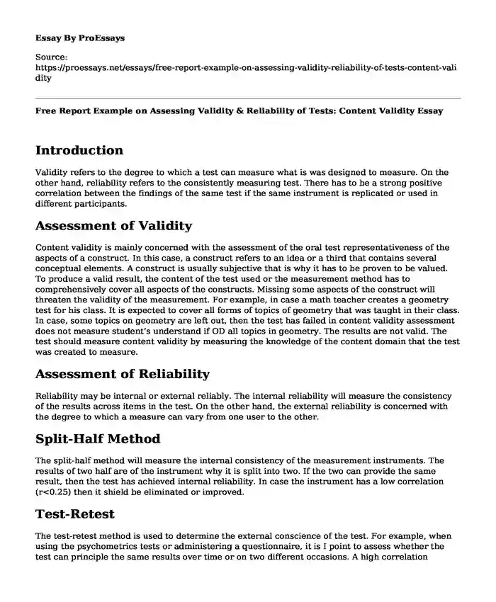 Free Report Example on Assessing Validity & Reliability of Tests: Content Validity