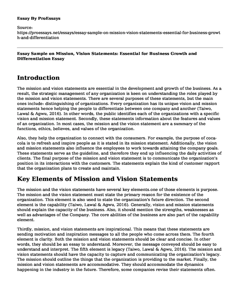 Essay Sample on Mission, Vision Statements: Essential for Business Growth and Differentiation