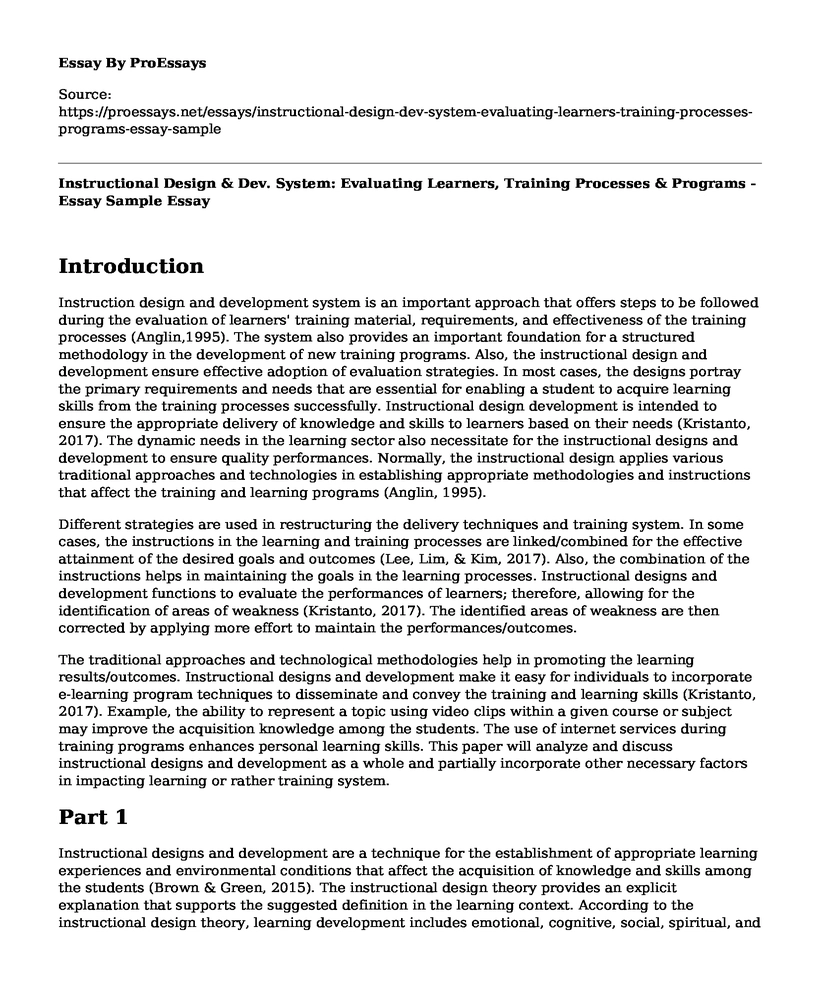 Instructional Design & Dev. System: Evaluating Learners, Training Processes & Programs - Essay Sample