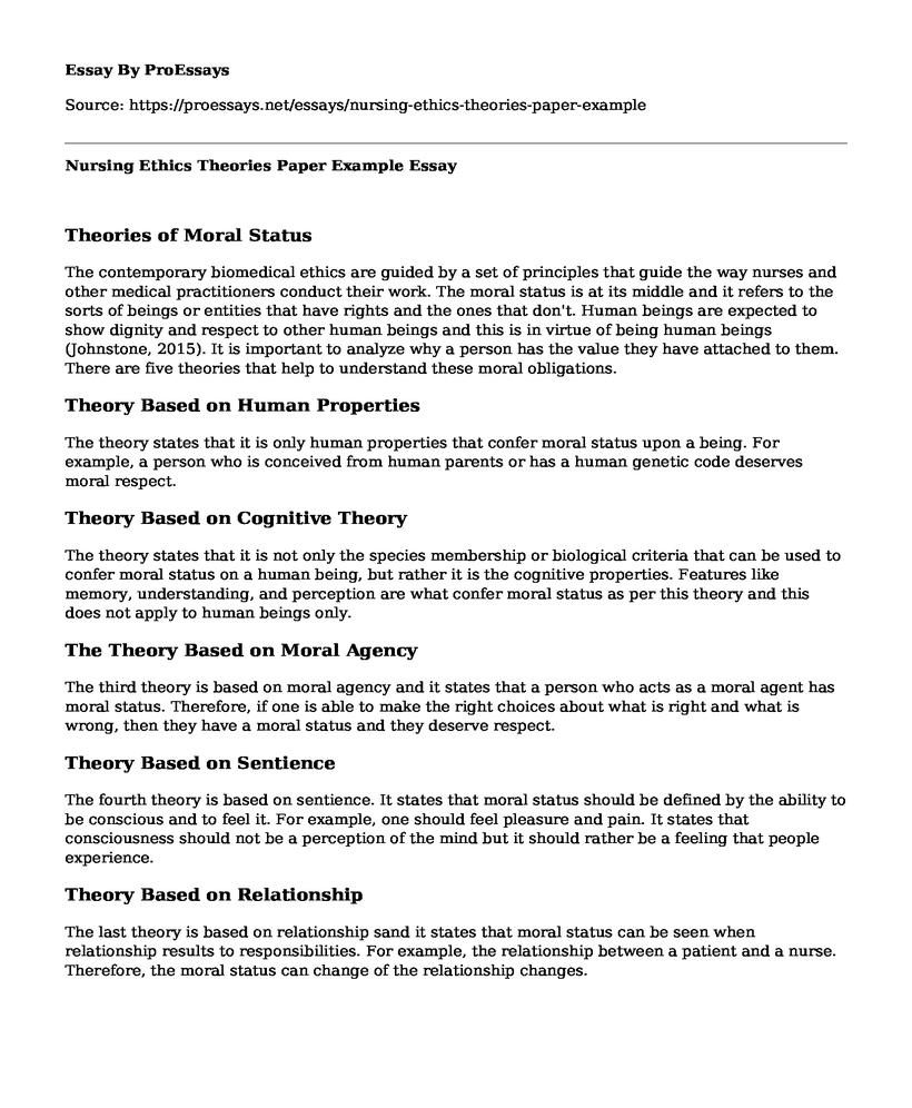 Nursing Ethics Theories Paper Example