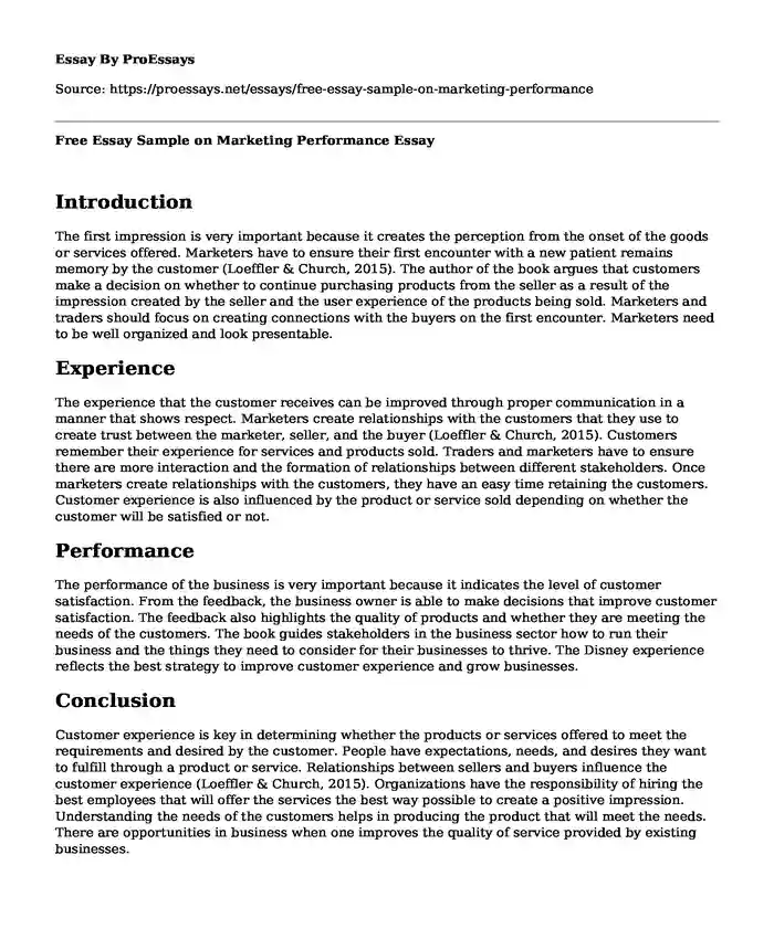 Free Essay Sample on Marketing Performance