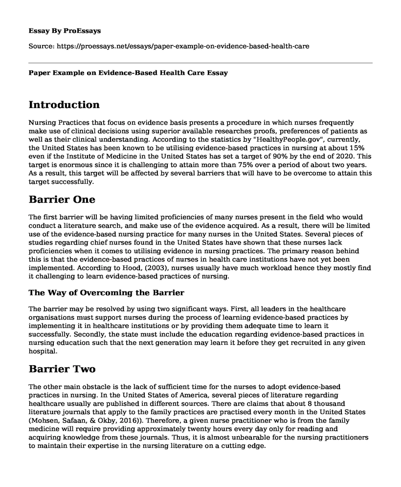 Paper Example on Evidence-Based Health Care