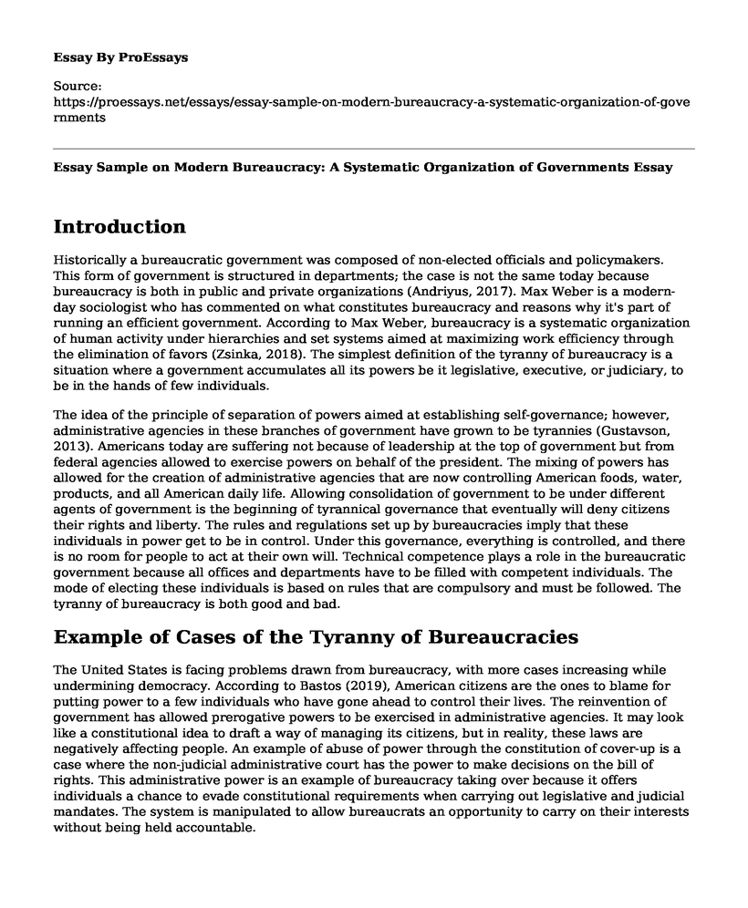 Essay Sample on Modern Bureaucracy: A Systematic Organization of Governments