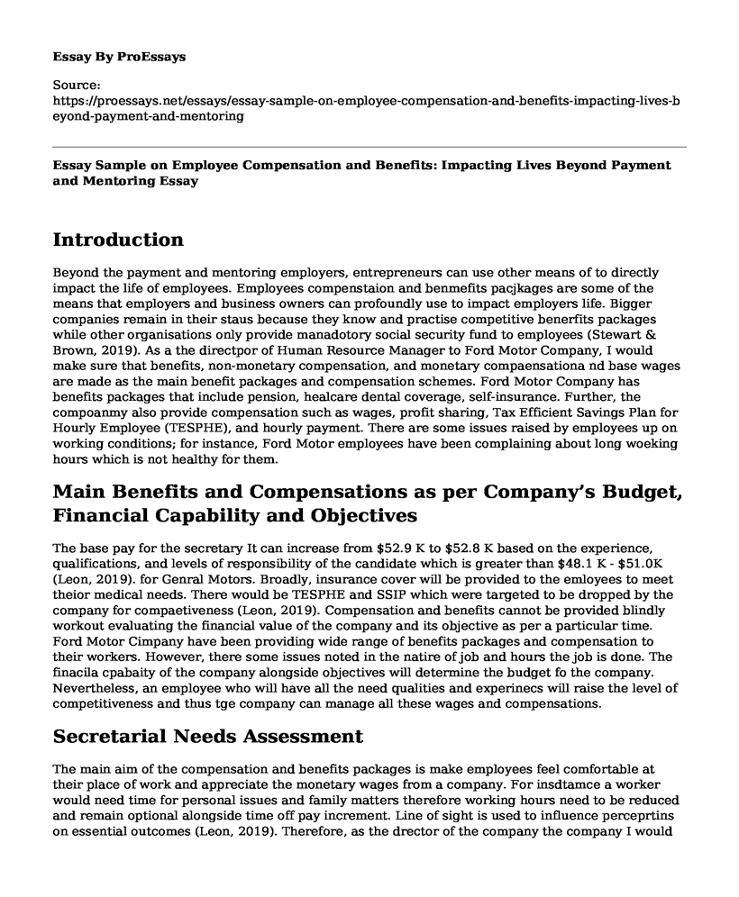 Essay Sample on Employee Compensation and Benefits: Impacting Lives Beyond Payment and Mentoring