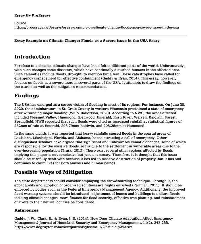 Essay Example on Climate Change: Floods as a Severe Issue in the USA