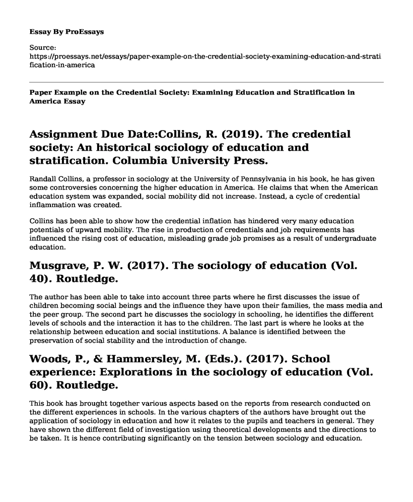 Paper Example on the Credential Society: Examining Education and Stratification in America