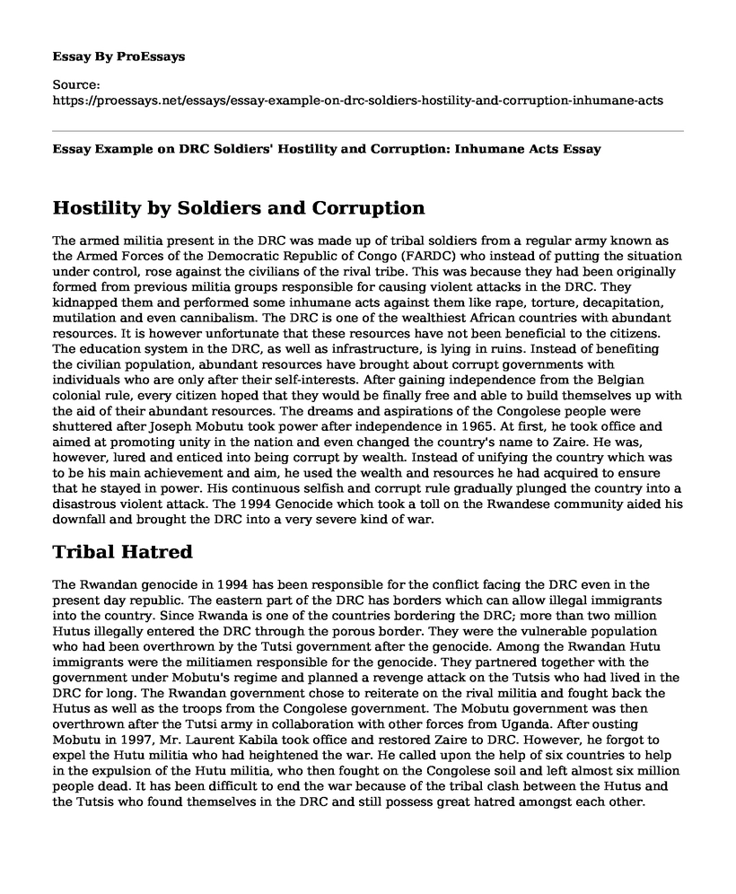 Essay Example on DRC Soldiers' Hostility and Corruption: Inhumane Acts