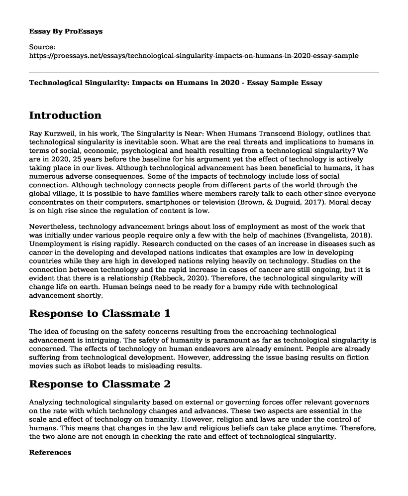 Technological Singularity: Impacts on Humans in 2020 - Essay Sample