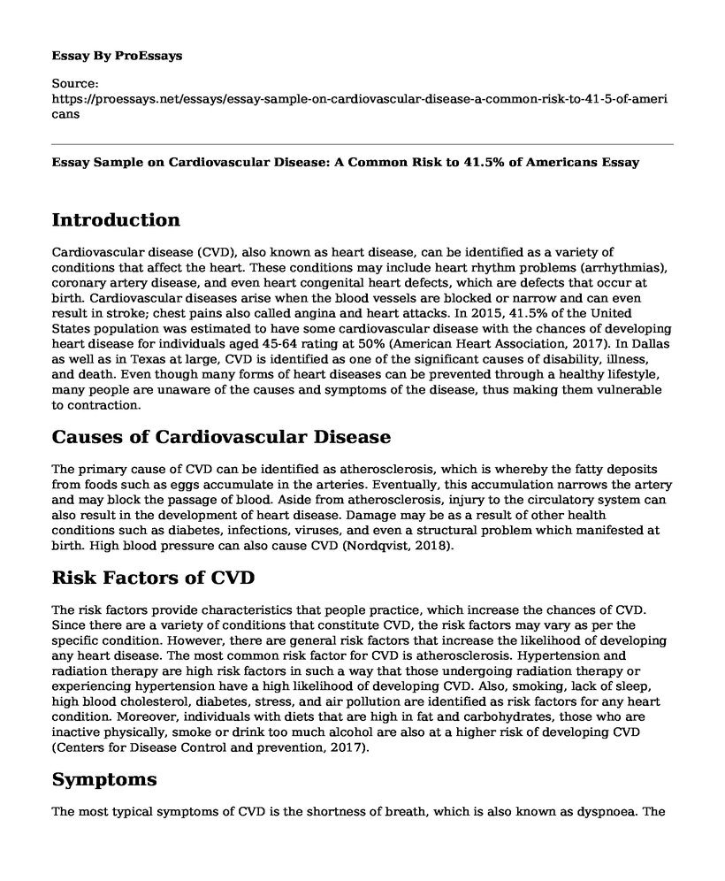 Essay Sample on Cardiovascular Disease: A Common Risk to 41.5% of Americans