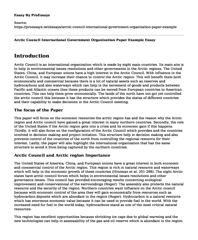 Arctic Council International Government Organization Paper Example